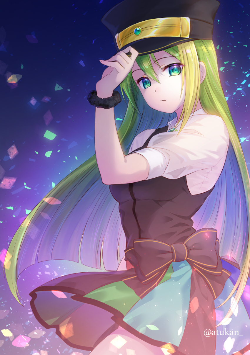 1girl alina_gray aqua_eyes atsukan bangs black_bow black_headwear black_necktie black_vest blunt_ends bow brooch chain collar cross_tie detached_collar fur_cuffs gem green_gemstone green_hair hair_between_eyes hat highres jewelry lapels long_hair magia_record:_mahou_shoujo_madoka_magica_gaiden magical_girl mahou_shoujo_madoka_magica multicolored_clothes multicolored_hair multicolored_skirt necktie notched_lapels peaked_cap pleated_skirt puffy_short_sleeves puffy_sleeves see-through see-through_sleeves short_sleeves sidelocks skirt sleeve_cuffs straight_hair streaked_hair striped striped_skirt v-neck vertical-striped_skirt vertical_stripes very_long_hair vest waist_bow white_collar white_sleeves