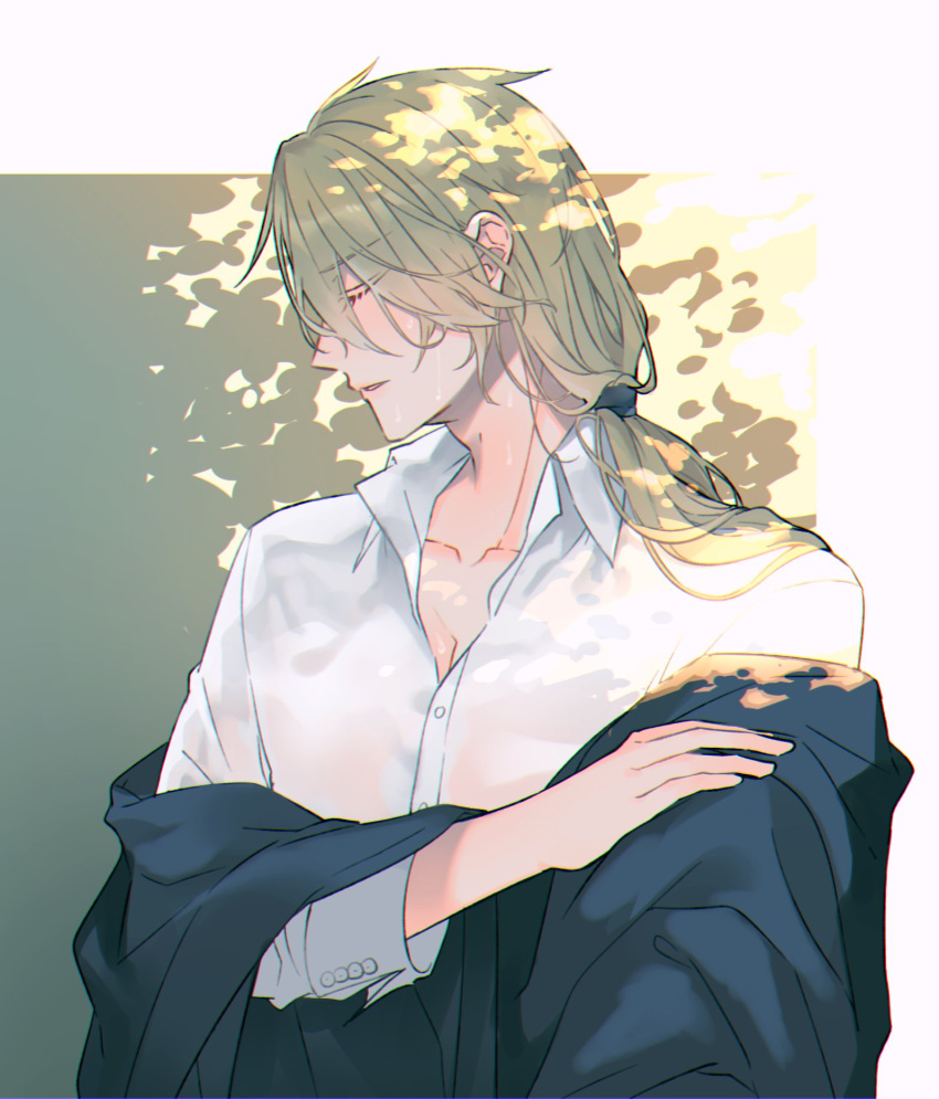 1boy aglovale_(granblue_fantasy) blonde_hair blue_jacket closed_eyes collared_shirt dappled_sunlight facing_to_the_side granblue_fantasy hair_between_eyes highres jacket long_hair low_ponytail male_focus open_collar outside_border parted_lips profile shirt solo sunlight sweat tokikane_mikan undressing upper_body wet wet_clothes wet_shirt white_shirt