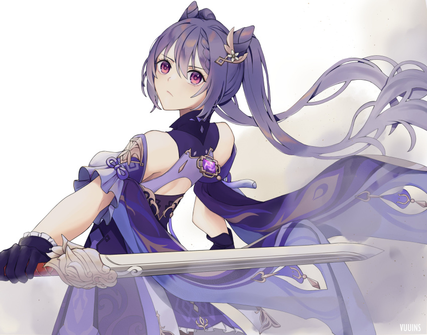1girl absurdres bangs bare_shoulders braid closed_mouth commentary cone_hair_bun detached_sleeves double_bun dress english_commentary floating_hair genshin_impact gloves hair_between_eyes hair_bun hair_ornament highres holding holding_sword holding_weapon keqing_(genshin_impact) long_hair looking_at_viewer looking_back purple_dress purple_gloves purple_hair simple_background solo standing sword twintails violet_eyes vision_(genshin_impact) vuuins weapon white_background
