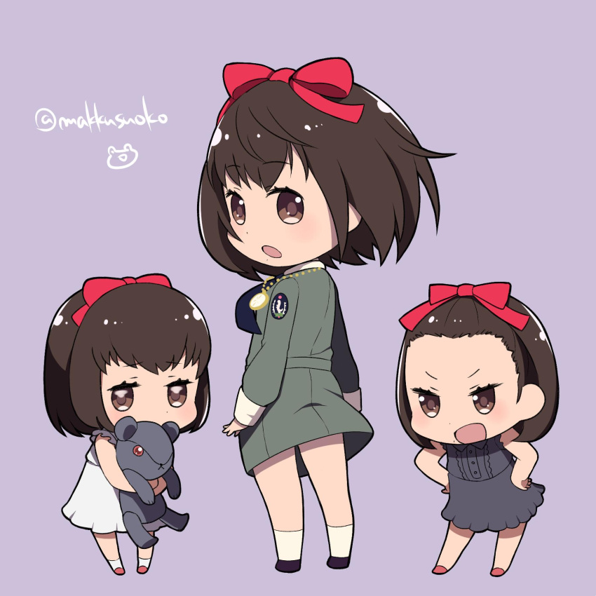 3girls aki_(persona) bare_arms brown_eyes brown_hair chibi collared_dress do_m_kaeru dress full_body grey_background grey_dress hair_ribbon hand_on_hip highres holding holding_stuffed_toy jewelry looking_at_viewer mai_(persona) medium_hair mole mole_under_mouth multiple_girls necklace necktie open_mouth pendant persona persona_1 red_ribbon ribbon sad school_uniform short_hair simple_background skirt sleeveless sleeveless_dress smile sonomura_maki st._hermelin_school_uniform stuffed_animal stuffed_toy teddy_bear twitter_username wing_collar