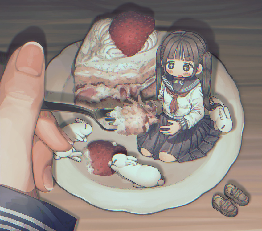 +_+ 1girl bangs black_eyes black_hair black_skirt blunt_bangs blush cake commission food fork fruit highres holding holding_fork long_hair long_sleeves looking_away minigirl neckerchief open_mouth original pleated_skirt pov pov_hands red_neckerchief rnfhv seiza sitting skeb_commission skirt strawberry twintails