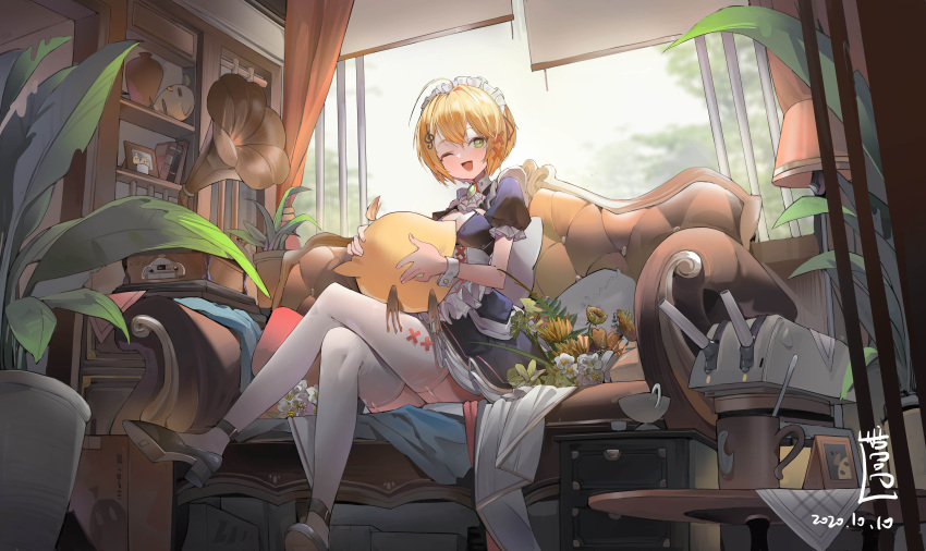 1girl absurdres ahoge alternate_costume apron azaz008 azur_lane bird blonde_hair cannon chick couch crossed_legs enmaided flower frilled_apron frills hair_ornament highres huge_ahoge maid maid_headdress manjuu_(azur_lane) musical_note musical_note_hair_ornament official_alternate_costume one_eye_closed phonograph plant potted_plant rigging short_hair sitting southampton_(afternoon_impromptu)_(azur_lane) southampton_(azur_lane) thigh-highs white_garter_straps white_thighhighs wrist_cuffs x_hair_ornament yellow_eyes