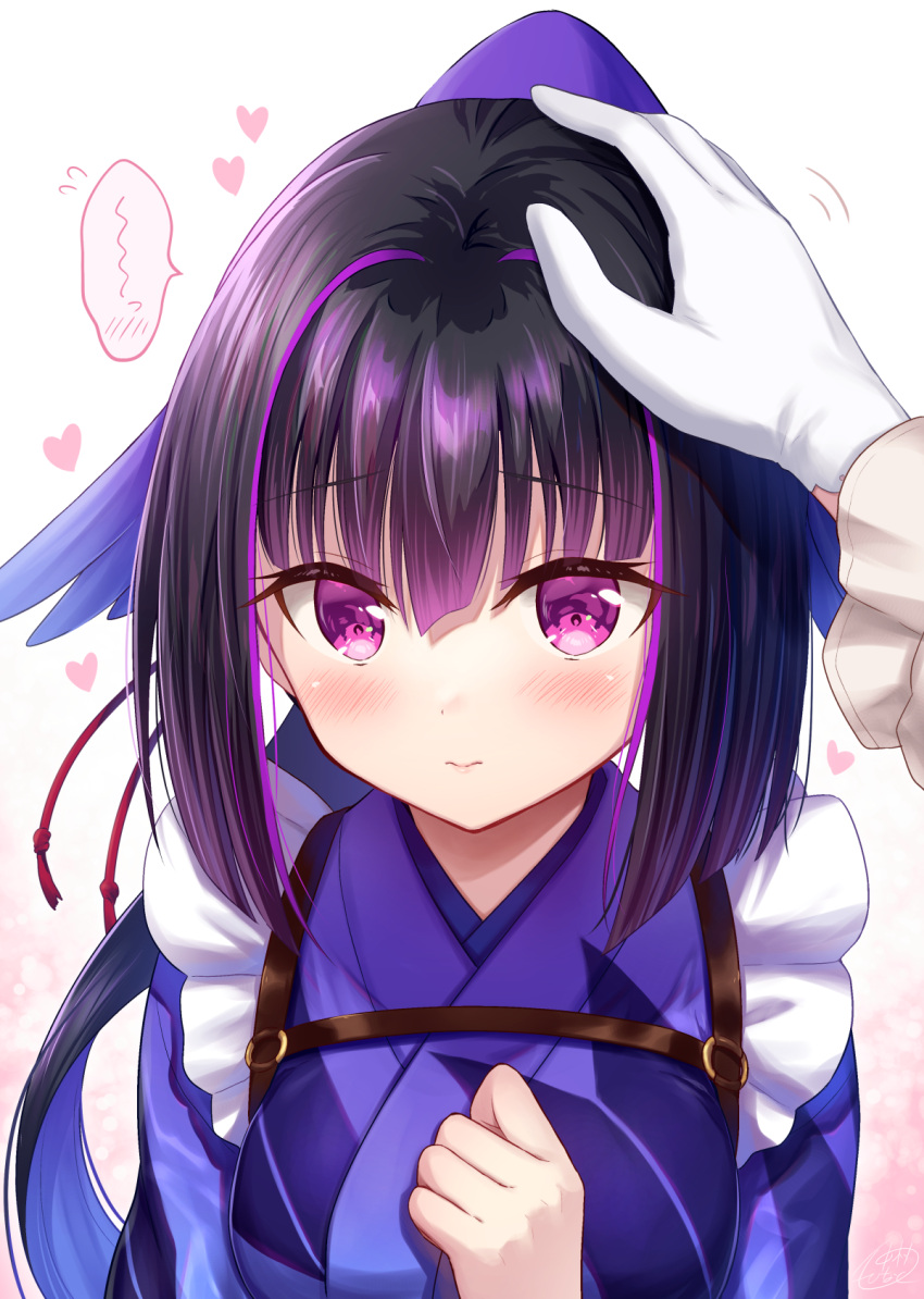 1girl 1other black_hair blush closed_mouth commentary_request flying_sweatdrops gloves hand_up headpat heart highres japanese_clothes karasuba_(prima_doll) kimono long_hair long_sleeves looking_at_viewer multicolored_hair nakamura_hinato ponytail prima_doll_(anime) purple_hair purple_kimono spoken_blush streaked_hair upper_body violet_eyes white_background white_gloves