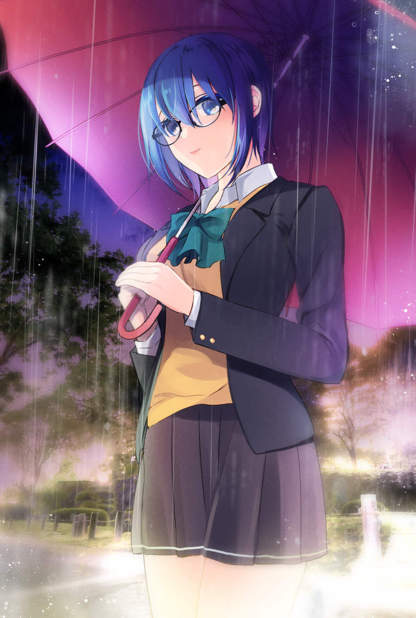 1girl absurdres bangs black-framed_eyewear black_jacket blue_eyes blue_hair bow bowtie cardigan ciel_(tsukihime) collared_shirt commentary_request glasses green_bow grey_skirt hair_between_eyes highres holding holding_umbrella jacket lips long_sleeves looking_at_viewer murotomo_haru night open_clothes open_jacket outdoors pink_lips pleated_skirt rain red_umbrella school_uniform shirt short_hair skirt smile solo tree tsukihime tsukihime_(remake) umbrella uniform white_shirt yellow_cardigan
