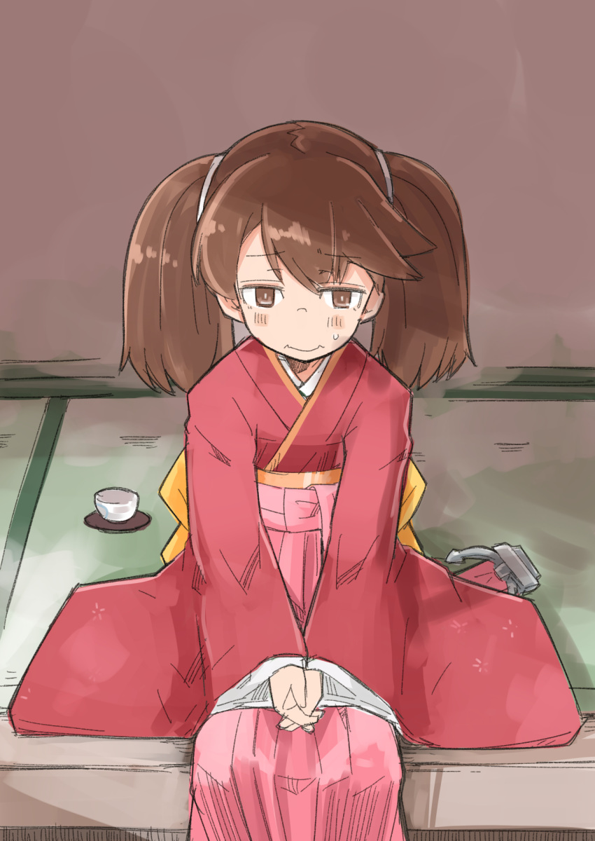 1girl anchor_ornament brown_eyes brown_hair commentary_request commission cosplay cup enjaku_izuku fang hakama highres japanese_clothes kamikaze_(kancolle) kamikaze_(kancolle)_(cosplay) kantai_collection kimono long_hair meiji_schoolgirl_uniform own_hands_clasped own_hands_together pink_hakama red_kimono ryuujou_(kancolle) sitting skin_fang solo twintails v_arms