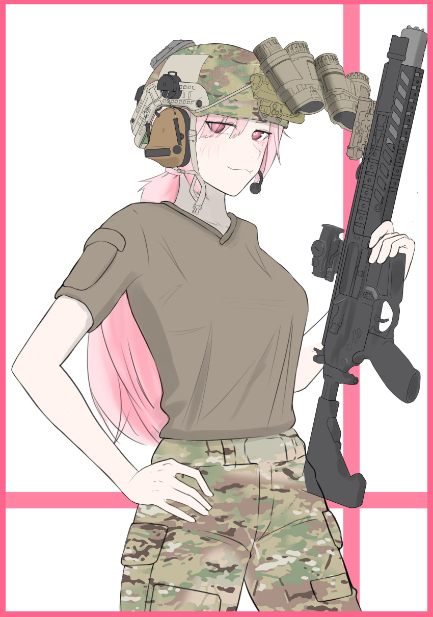 1girl absurdres bangs breasts brown_shirt camouflage camouflage_headwear camouflage_pants closed_mouth commentary_request ear_protection eyes_visible_through_hair girls_frontline gun hair_over_one_eye hand_on_hip headset helmet highres holding holding_gun holding_weapon lauging_man_(shun_a_t_i_o) long_hair looking_at_viewer pants pink_hair red_eyes shirt short_sleeves sig_mcx_(girls'_frontline) sig_sauer_mcx small_breasts solo very_long_hair weapon