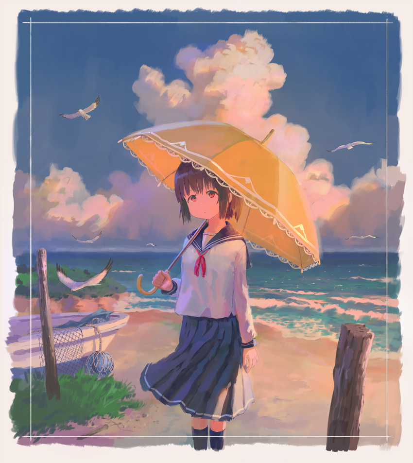 1girl bangs bird black_hair black_socks blunt_bangs boat border clouds cumulonimbus_cloud dot_mouth faux_traditional_media feel_(nasitaki) grass highres holding holding_umbrella looking_at_viewer neckerchief ocean original outdoors pleated_skirt red_eyes red_neckerchief sailor_collar sand scenery school school_uniform seagull serafuku shirt shore short_hair skirt socks solo standing umbrella watercraft waves white_border white_shirt wood yellow_umbrella