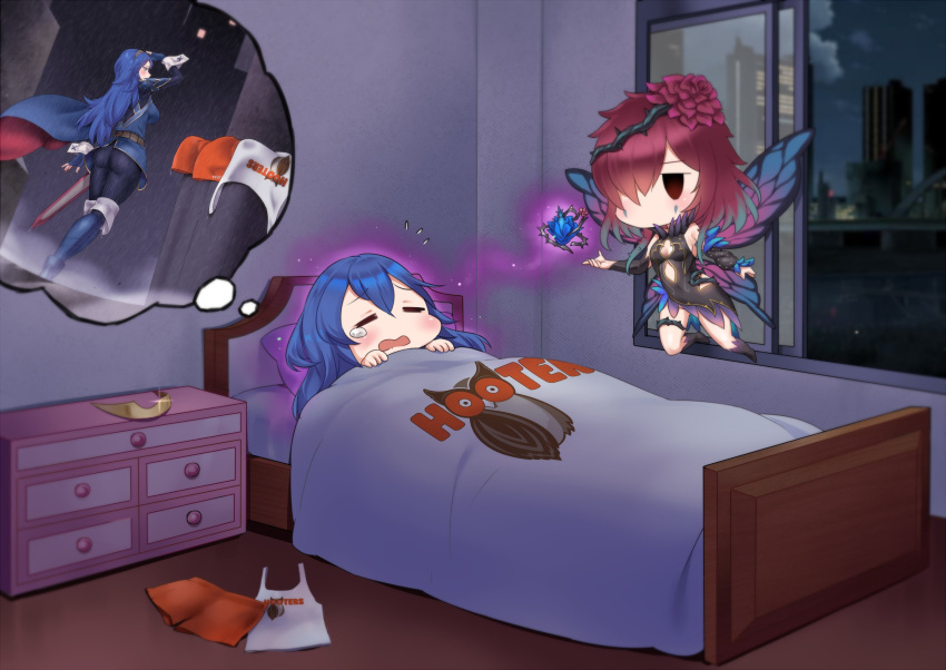2girls ass bed bedroom black_dress blanket blue_footwear blue_gloves blue_hair boots building chibi chibi_inset city cityscape closed_eyes clouds cloudy_sky commission dreaming dress dutch_angle fairy_wings fingerless_gloves fire_emblem fire_emblem_awakening fire_emblem_heroes gloves highres hooters igni_tion indoors leggings long_hair long_sleeves looking_away lucina_(fire_emblem) lying multiple_girls night night_sky on_back on_bed pillow purple_hair rain raincoat sheath sheathed short_shorts shorts shorts_removed sky skyscraper sleeping sword teardrop thigh_boots trash_can triandra_(fire_emblem) water_drop wavy_mouth weapon wet wet_clothes window wings