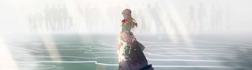 1girl absurdres airrs audrey_hall blonde_hair commentary_request dappled_sunlight dress flower green_dress green_eyes hair_flower hair_ornament highres looking_ahead lord_of_the_mysteries people red_ribbon ribbon ripples shadow silhouette solo sunlight wading water