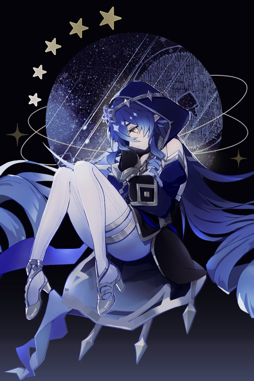 1girl bare_shoulders black_gloves blue_dress blue_hair bracelet detached_sleeves diadem dress fetal_position floating genshin_impact gloves gold_footwear gold_trim high_heels highres jewelry juliet_sleeves layla_(genshin_impact) long_hair long_sleeves looking_at_viewer merry-san own_hands_together pants puffy_sleeves shoes solo star_(symbol) thighlet very_long_hair white_pants yellow_eyes