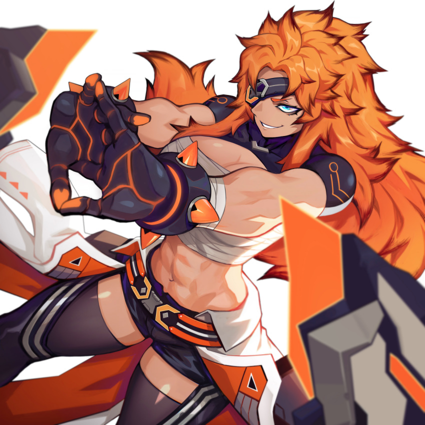 1girl abs asher_(omega_strikers) bandages belt black_shorts blue_eyes breasts eyepatch gloves highres james_ghio large_breasts liyart long_hair muscular muscular_female official_art omega_strikers orange_hair sarashi shorts simple_background smile solo spiky_hair stretching thigh-highs thighs white_background