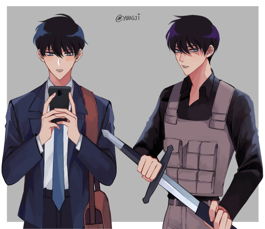 1boy bag black_hair black_pants black_skirt blue_eyes blue_jacket blue_necktie border brown_bag closed_mouth collared_shirt commentary dok-ja_kim drawing_sword grey_background highres holding holding_phone holding_sword holding_weapon jacket long_sleeves looking_at_phone looking_at_viewer male_focus necktie omniscient_reader's_viewpoint open_clothes open_jacket pants parted_lips phone sheath shirt short_hair shoulder_bag simple_background skirt standing suit_jacket sword unsheathing weapon white_border yuugji