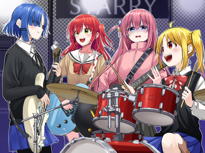 4girls ahoge amplifier attsun_(atsushi_jb) bangs bass_guitar black_pantyhose black_ribbon black_skirt black_sweater black_sweater_vest blonde_hair blue_eyes blue_hair blue_skirt blush bocchi_the_rock! bow brown_cardigan cardigan chain-link_fence closed_jacket collared_shirt commentary_request cymbals drum drum_set drumsticks earrings eyes_visible_through_hair fence gotou_hitori green_eyes grey_skirt guitar hair_between_eyes hair_cubes hair_ornament hairclip holding holding_drumsticks holding_instrument ijichi_nijika instrument jacket jewelry kita_ikuyo long_hair long_sleeves looking_at_another looking_at_viewer multiple_girls neck_ribbon one_side_up open_mouth pantyhose pink_hair pink_jacket pleated_skirt polka_dot polka_dot_bow red_bow red_eyes redhead ribbon sailor_collar school_uniform serafuku shaded_face shirt short_hair side_ponytail sitting skirt smile standing stud_earrings sweatdrop sweater sweater_vest track_jacket white_sailor_collar white_shirt yamada_ryou yellow_eyes