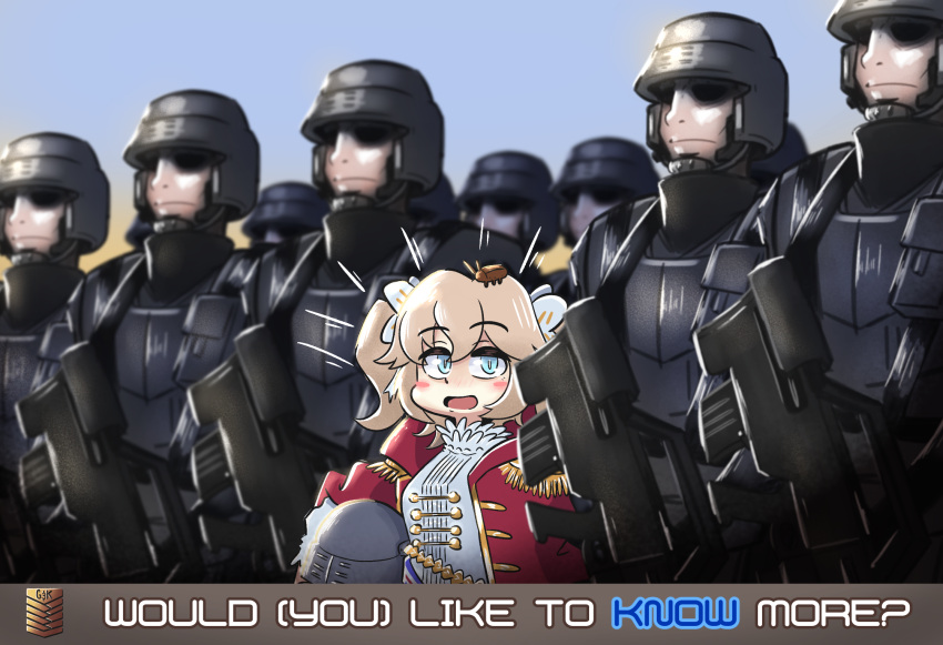 1girl blue_eyes blurry blurry_background bow brown_hair cape closed_mouth crossover dress english_commentary english_text expressionless frills girls_frontline hair_bow helmet highres holding holding_helmet long_sleeves looking_ahead looking_at_viewer military military_uniform multiple_boys open_mouth red_cape ribbon serjatronic smile soldier starship_troopers two_side_up uniform upper_body webley_(girls'_frontline) white_bow white_dress