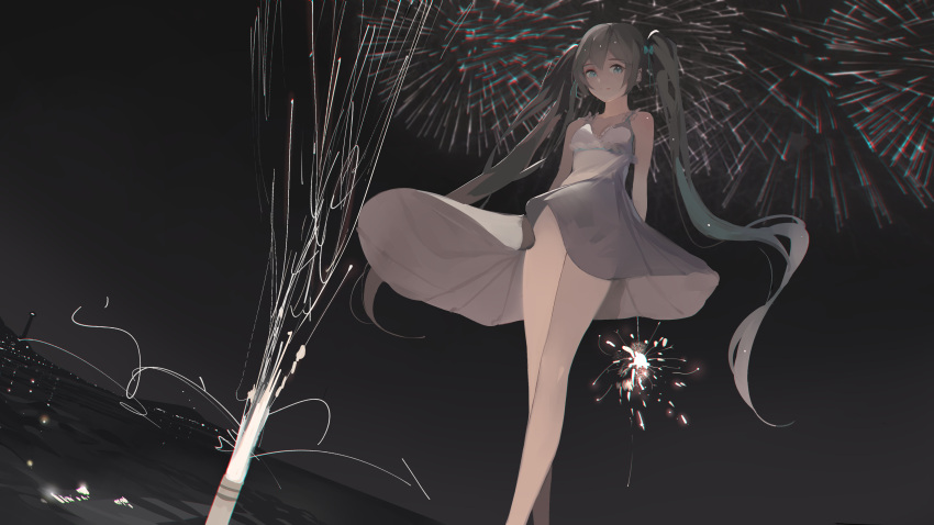 1girl absurdres aqua_eyes aqua_hair aqua_ribbon arms_behind_back bare_arms bare_legs bare_shoulders breasts closed_mouth collarbone da_(datako) dress fireworks hair_ribbon hatsune_miku highres light_smile long_hair looking_at_viewer medium_breasts night night_sky outdoors ribbon scenery sky skyline solo standing sundress twintails very_long_hair vocaloid white_dress