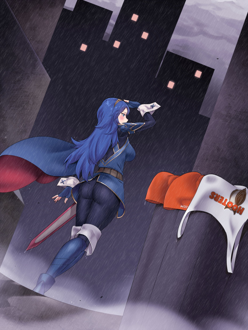 1girl absurdres ass blue_eyes blue_footwear blue_gloves blue_hair boots building city cityscape clouds cloudy_sky commission dutch_angle fingerless_gloves fire_emblem fire_emblem_awakening gloves highres hooters igni_tion leggings long_hair long_sleeves looking_away lucina_(fire_emblem) night night_sky rain raincoat sheath sheathed short_shorts shorts shorts_removed sky skyscraper solo sword thigh_boots trash_can water_drop weapon wet wet_clothes