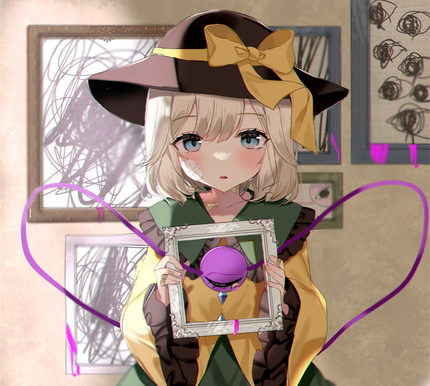 1girl absurdres bandage_on_face bandages bandaid bandaid_on_neck bangs blue_eyes bow chromatic_aberration diamond_(shape) frilled_sleeves frills green_skirt hat hat_bow highres holding_frame indoors komeiji_koishi light_blush light_particles long_sleeves looking_at_viewer medium_hair painting_(object) parted_lips picture_frame shirt single_tear skirt solo straight-on tearing_up third_eye touhou upper_body white_hair wide_sleeves yellow_bow yellow_shirt yellow_sleeves yumeno_ruruka