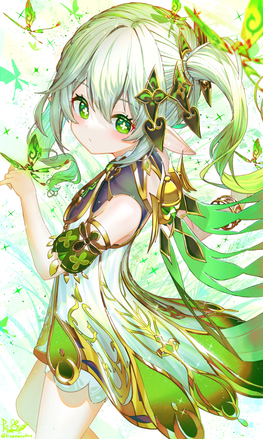 1girl bangs bug cape closed_mouth cowboy_shot cross-shaped_pupils crystalfly_(genshin_impact) dress genshin_impact green_cape green_eyes green_hair hair_ornament highres kiramarukou leaf_hair_ornament long_hair looking_at_viewer nahida_(genshin_impact) pointy_ears simple_background solo white_background white_dress