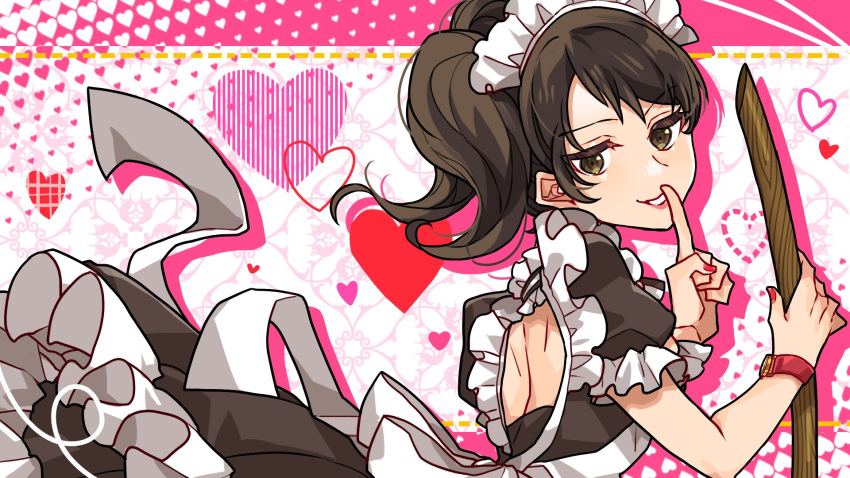 1girl apron back_cutout broom brown_eyes brown_hair clothing_cutout finger_to_mouth heart highres holding holding_broom kawakami_sadayo looking_at_viewer looking_back maid maid_apron maid_headdress maitakepasuta nail_polish persona persona_5 red_nails short_twintails smile solo teeth twintails watch watch