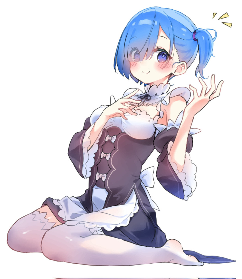 1girl alternate_hairstyle apron bangs bare_shoulders black_dress black_ribbon blue_eyes blue_hair blush breasts detached_sleeves dress frills hair_over_one_eye hands_up highres juliet_sleeves koushin_ryo long_sleeves looking_at_viewer medium_breasts neck_ribbon puffy_sleeves re:zero_kara_hajimeru_isekai_seikatsu rem_(re:zero) ribbon roswaal_mansion_maid_uniform short_hair side_ponytail simple_background smile solo thigh-highs waist_apron white_apron white_background white_thighhighs