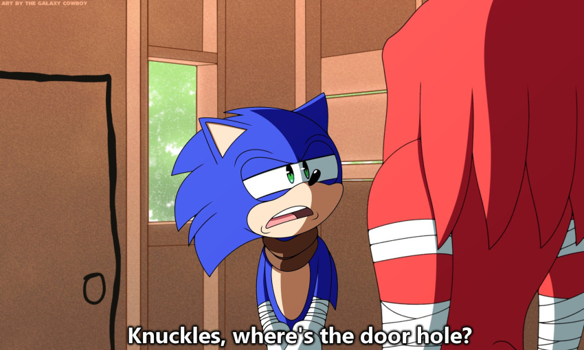 2boys bandaged_arm bandages english_text galaxy_cowboy half-closed_eyes highres knuckles_the_echidna meme multiple_boys parody scarf sonic_(series) sonic_boom sonic_the_hedgehog subtitled where's_the_door_hole?_(meme)