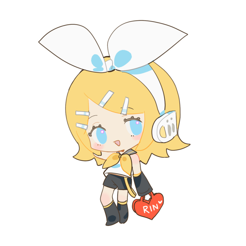 1girl bag bangs black_sailor_collar black_shorts black_sleeves blonde_hair blue_eyes bow chibi chinese_commentary detached_sleeves full_body hair_bow headset heart heart-shaped_bag highres holding holding_bag indai_(3330425) kagamine_rin light_blush looking_at_viewer medium_hair neckerchief open_mouth parted_bangs red_bag sailor_collar sailor_shirt shirt shorts simple_background sleeveless sleeveless_shirt smile solo standing vocaloid white_background white_bow white_shirt yellow_neckerchief