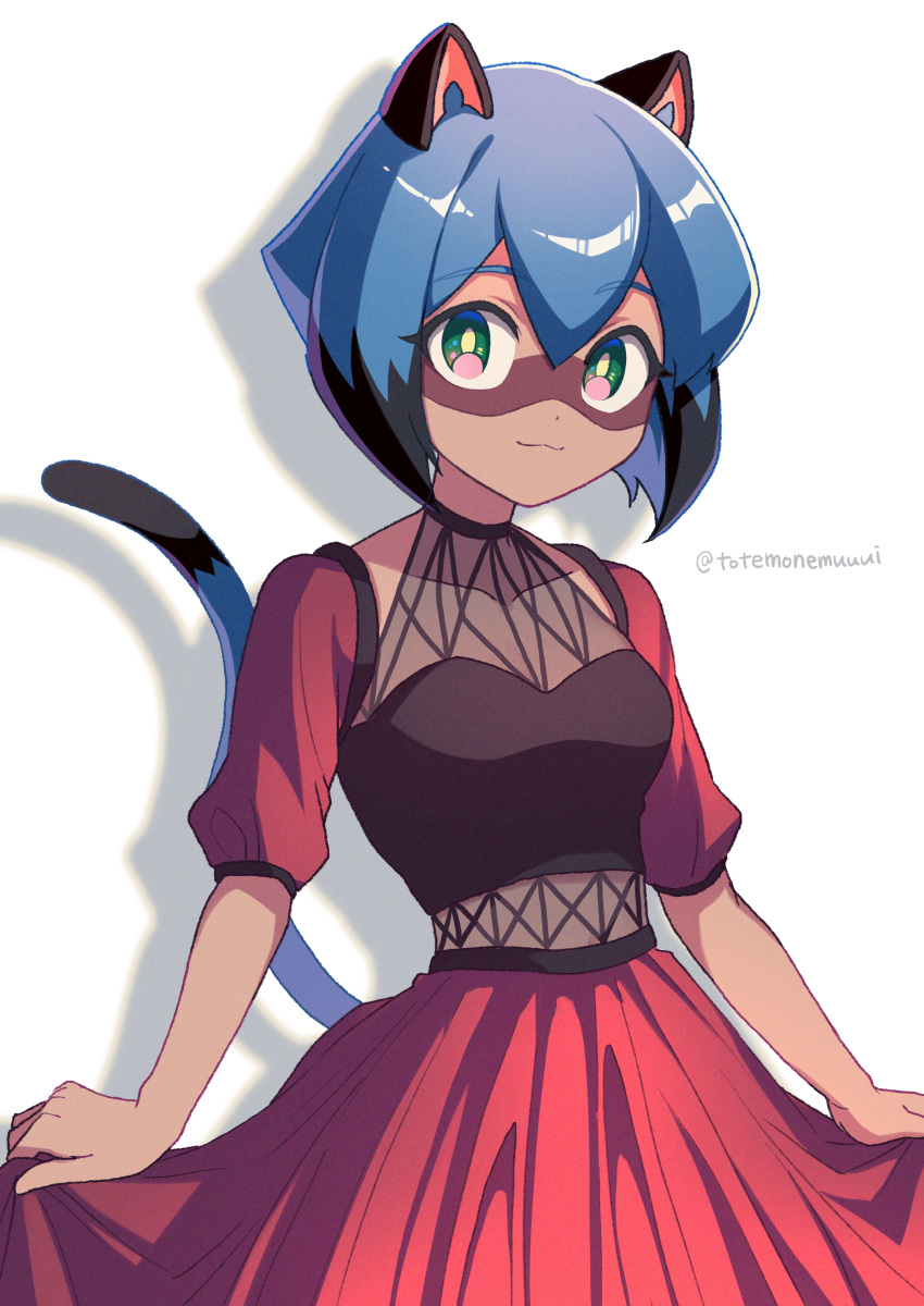 1girl :3 absurdres alternate_costume animal_ears animal_nose blue_hair body_fur brand_new_animal brown_fur closed_mouth clothes_lift dress dress_lift furry furry_female green_eyes highres kagemori_michiru lifted_by_self looking_at_viewer multicolored_eyes pink_eyes raccoon_ears raccoon_girl raccoon_tail red_dress see-through short_hair simple_background tail tanuki totemonemuuui white_background