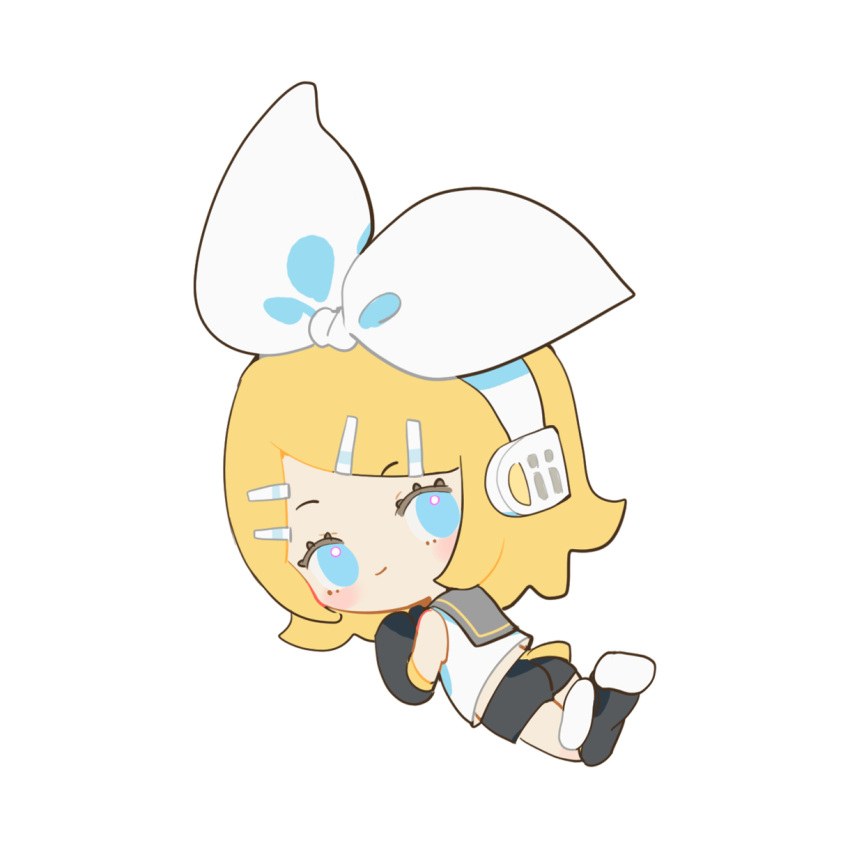 1girl bangs black_sailor_collar black_shorts black_sleeves blonde_hair blue_eyes bow chibi chinese_commentary closed_mouth crossed_legs detached_sleeves from_behind full_body hair_bow headset highres indai_(3330425) kagamine_rin light_blush light_smile looking_at_viewer looking_back lying medium_hair midriff_peek on_ground on_stomach parted_bangs sailor_collar sailor_shirt shirt shorts simple_background sleeveless sleeveless_shirt solo vocaloid white_background white_bow white_shirt