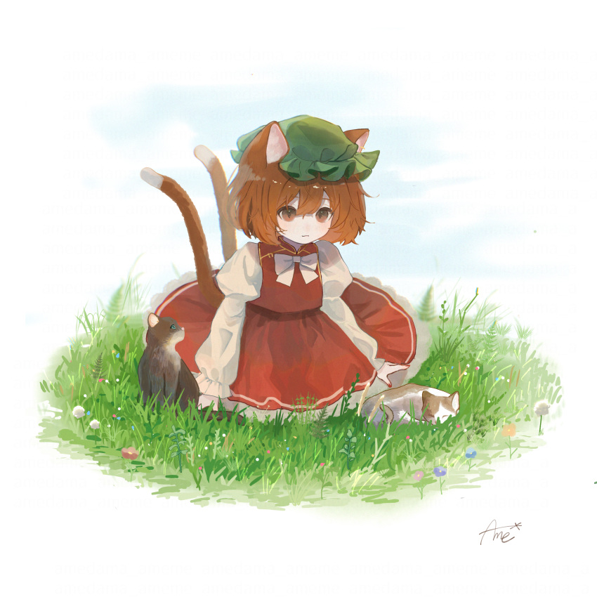 1girl absurdres amedama_ameme animal_ears bangs bow bowtie brown_eyes brown_hair cat cat_ears cat_girl cat_tail chen closed_mouth commentary dress flower full_body grass green_headwear hat highres juliet_sleeves long_sleeves medium_hair mob_cap multiple_cats multiple_tails puffy_sleeves red_dress shirt signature sitting solo symbol-only_commentary tail touhou two_tails white_background white_bow white_bowtie white_shirt