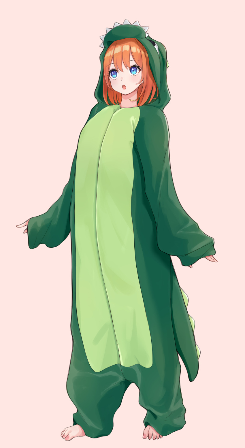 1girl :o absurdres bangs barefoot blue_eyes cosplay costume dinosaur dinosaur_costume dinosaur_hood dinosaur_tail full_body go-toubun_no_hanayome hair_between_eyes highres hood hood_up kigurumi kuwakuma medium_hair nakano_yotsuba onesie orange_hair simple_background solo standing tail