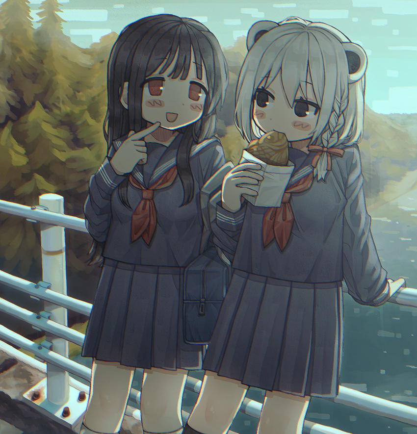 2girls animal_ears bag black_eyes black_hair black_skirt black_socks blush closed_mouth commission day duffel_bag eating food highres holding holding_food kneehighs lion_ears lion_girl long_sleeves looking_at_another multiple_girls neckerchief open_mouth original outdoors pleated_skirt red_eyes red_neckerchief rnfhv skeb_commission skirt smile socks white_hair white_socks