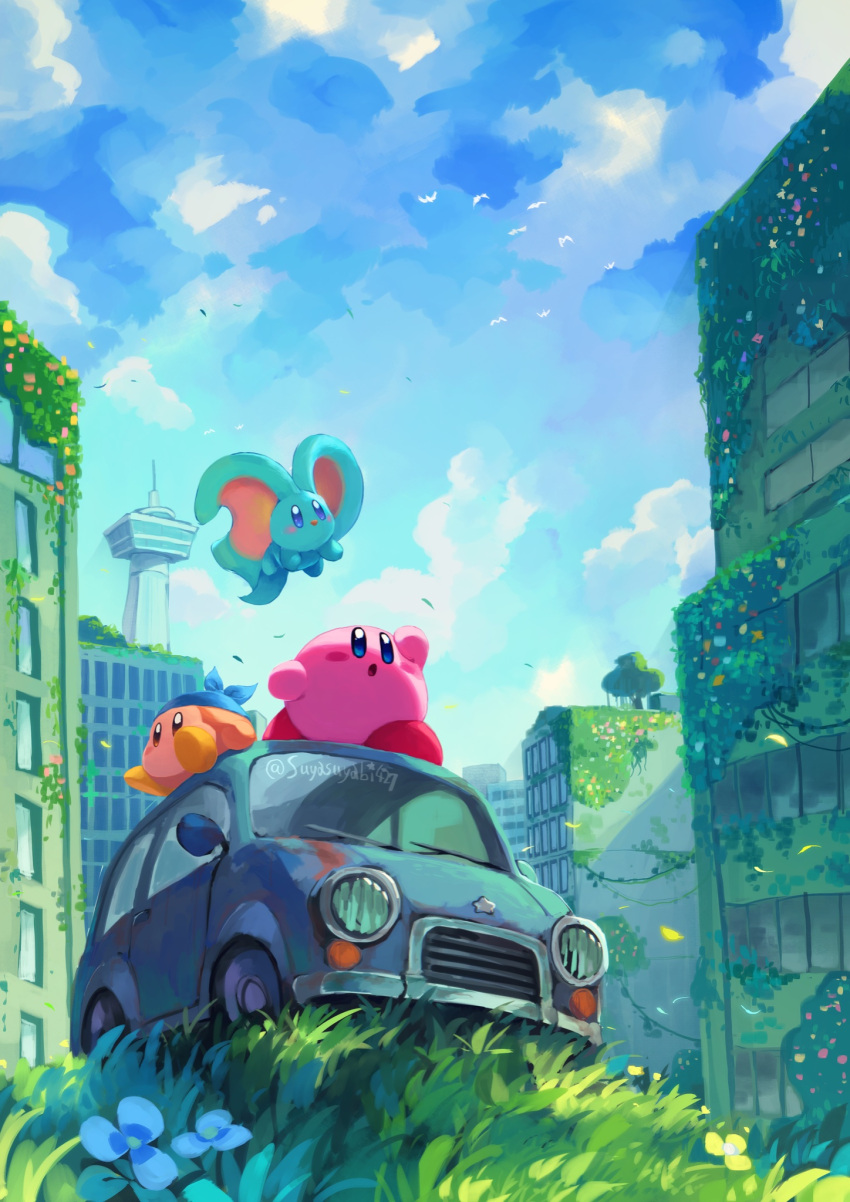 animal_ears bandana bandana_waddle_dee bird blush_stickers building car clouds colored_skin day elfilin flower grass ground_vehicle highres kirby kirby_(series) kirby_and_the_forgotten_land motor_vehicle mouse_ears no_humans pink_skin plant sitting sky solid_oval_eyes suyasuyabi tree twitter_username vines yellow_flower