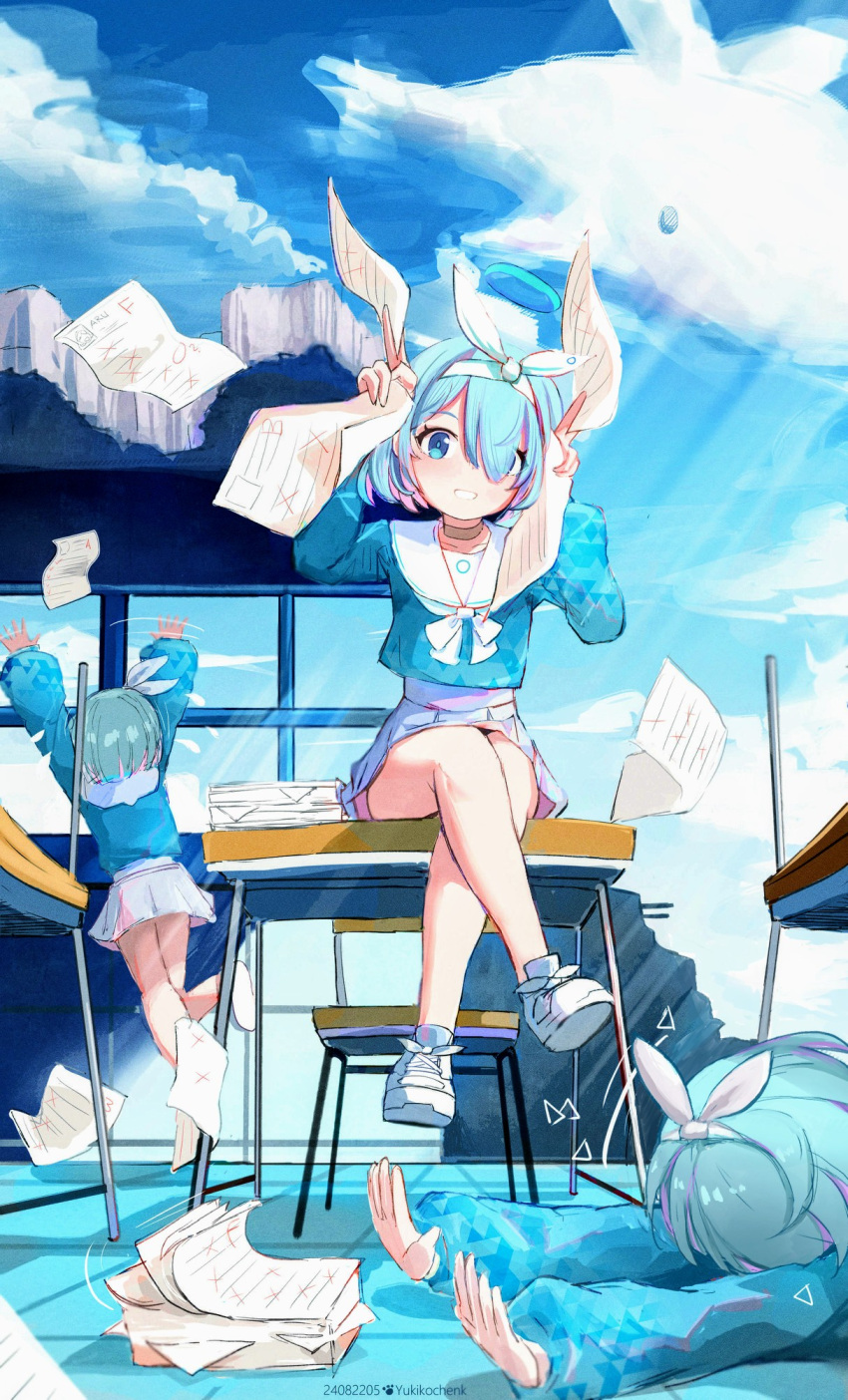 3girls arms_up arona_(blue_archive) blue_archive blue_eyes blue_hair blue_shirt blue_sky broken_wall clouds commentary crossed_legs day desk hair_ribbon hairband highres long_sleeves lying multiple_girls multiple_persona on_desk on_floor on_stomach outdoors pleated_skirt puffy_long_sleeves puffy_sleeves ribbon sailor_collar school_desk school_uniform serafuku shirt shoe_soles shoes sitting sitting_on_desk skirt sky speed_lines white_footwear white_hairband white_ribbon white_sailor_collar white_skirt window yukikochenk