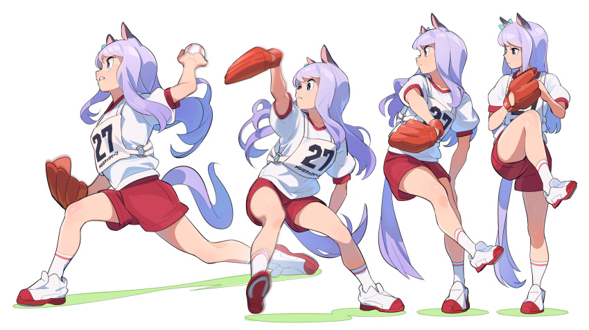 1girl absurdres animal_ears ball bangs baseball baseball_mitt clenched_teeth hair_ornament highres holding holding_ball horse_ears horse_girl horse_tail leg_up long_hair mejiro_mcqueen_(umamusume) multiple_views nishiki_kazue pitching shorts socks tail teeth umamusume white_socks