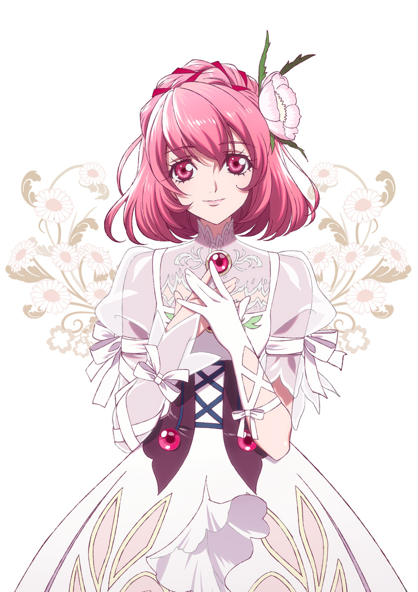 1girl arm_ribbon asymmetrical_sleeves bangs braid closed_mouth dress flower gloves hair_between_eyes hair_flower hair_ornament hair_ribbon highres long_hair looking_at_viewer misella pinafore_dress pink_hair red_eyes red_ribbon ribbon see-through see-through_sleeves shiny shiny_hair smile solo standing tales_of_(series) tales_of_crestoria tomaty. white_background white_dress white_flower white_gloves white_ribbon