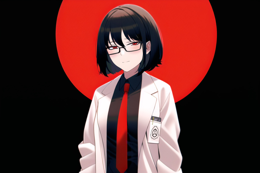 ai-assisted black-framed_eyewear black_hair black_shirt coat doctor glasses highres ms.j.and non-web_source original red_eyes red_tie scp_foundation shirt short_hair solo white_coat