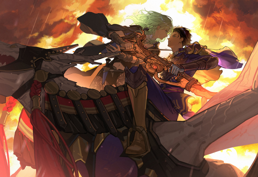 1boy 1girl absurdres armlet bangs battle boots byleth_(fire_emblem) byleth_eisner_(female) claude_von_riegan closed_mouth dragon fighting fire_emblem fire_emblem:_three_houses gloves green_hair highres holding holding_sword holding_weapon jewelry looking_at_another open_mouth riding ring short_hair sword weapon zhihaiwusheng