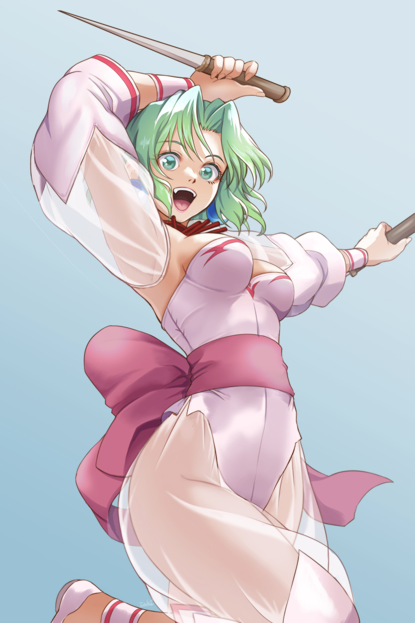 1girl :d absurdres back_bow bangs blue_background bow breasts cowboy_shot dagger dual_wielding earrings ellis_(toushinden) from_below green_eyes green_hair highres holding ivuki jewelry knife leotard looking_at_viewer medium_breasts necklace open_mouth parted_bangs pink_bow reverse_grip round_teeth see-through see-through_sleeves shoes short_hair simple_background smile solo standing standing_on_one_leg teeth tongue toushinden weapon white_footwear white_leotard