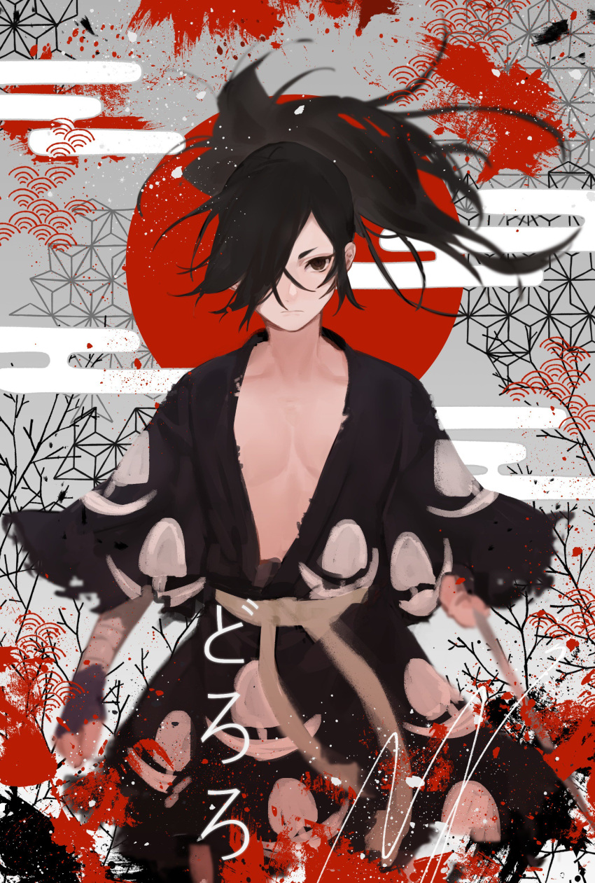 1boy absurdres black_eyes black_hair black_kimono commentary copyright_name cowboy_shot dororo_(tezuka) english_commentary grey_background hair_over_one_eye highres hyakkimaru_(dororo) japanese_clothes kimono long_hair looking_at_viewer rising_sun signature solo sunburst yoimon