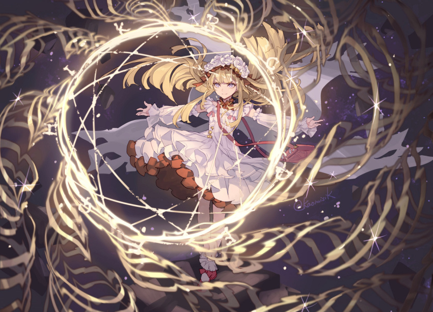 1girl blonde_hair cagliostro_(granblue_fantasy) cape detached_sleeves dress flower frilled_skirt frills granblue_fantasy grey_background long_hair outstretched_arms pota_(bluegutty) red_skirt rose skirt smile solo twitter_username very_long_hair violet_eyes white_dress white_flower white_rose white_sleeves