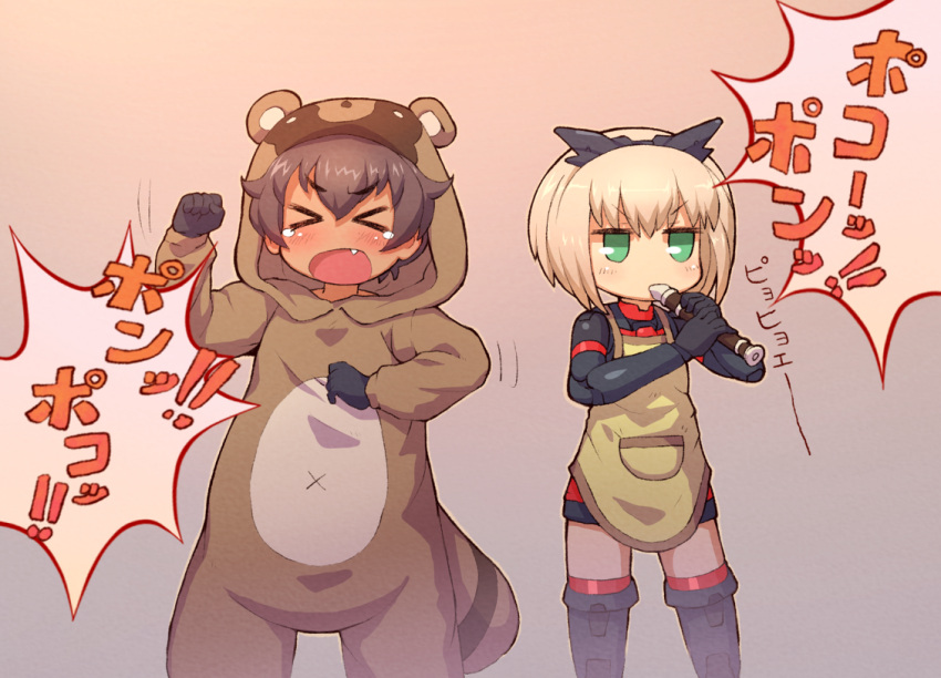 &gt;_&lt; 2girls 30_minutes_sisters apron bangs black_footwear black_gloves blonde_hair blush boots brown_apron brown_hair clenched_hands fang gloves instrument jitome luluce_(30ms) multiple_girls music onesie open_mouth playing_instrument raccoon_costume raccoon_tail recorder sankuma short_hair tail thigh_boots tiasha_(30ms) v-shaped_eyebrows