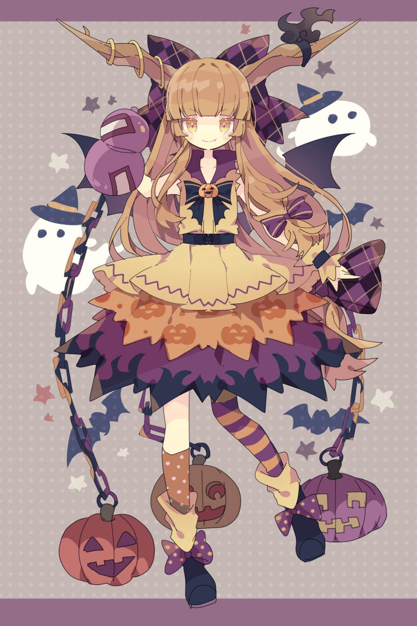 1girl blush closed_mouth gourd halloween halloween_costume highres horns ibuki_suika long_hair looking_at_viewer nikorashi-ka oni_horns orange_eyes orange_hair smile solo touhou