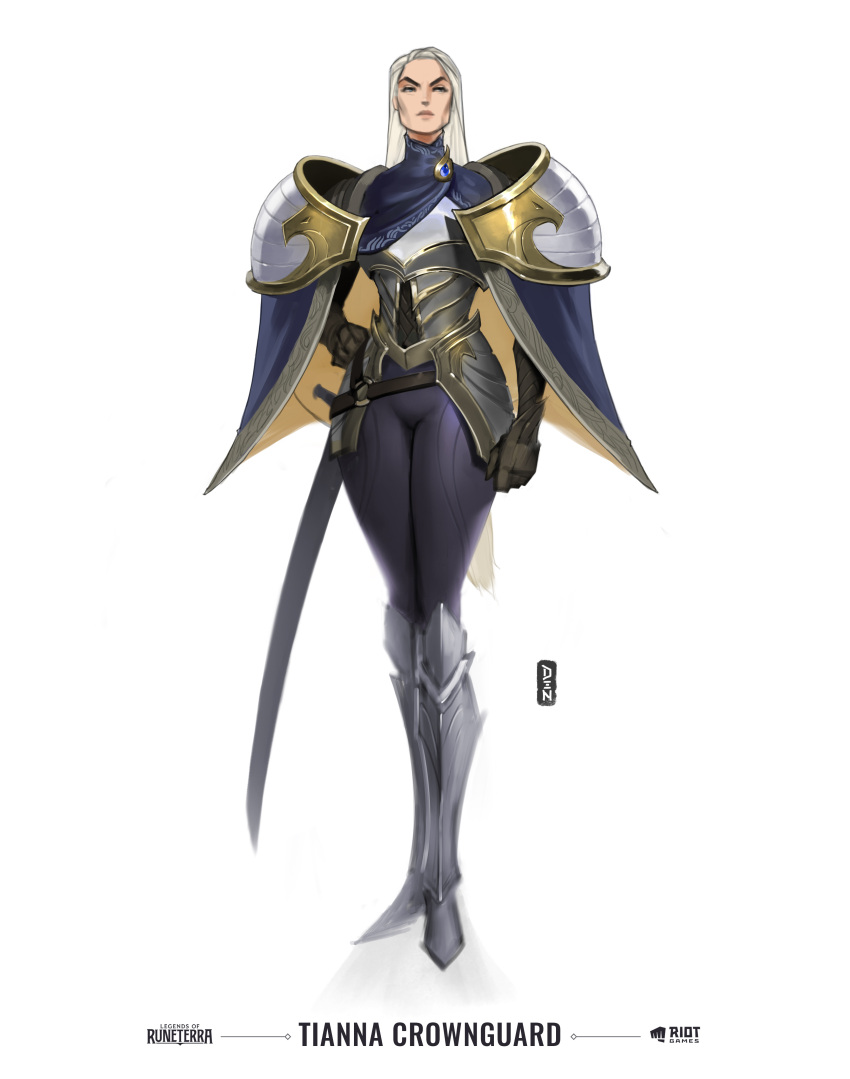 1girl absurdres arm_at_side armor armored_boots artist_name bangs black_pants blue_cape boots cape closed_mouth copyright_name den_(denwhat) full_body gem hand_on_hip highres league_of_legends legends_of_runeterra long_hair looking_at_viewer pants shoulder_plates solo standing sword tianna_crownguard v-shaped_eyebrows weapon white_hair