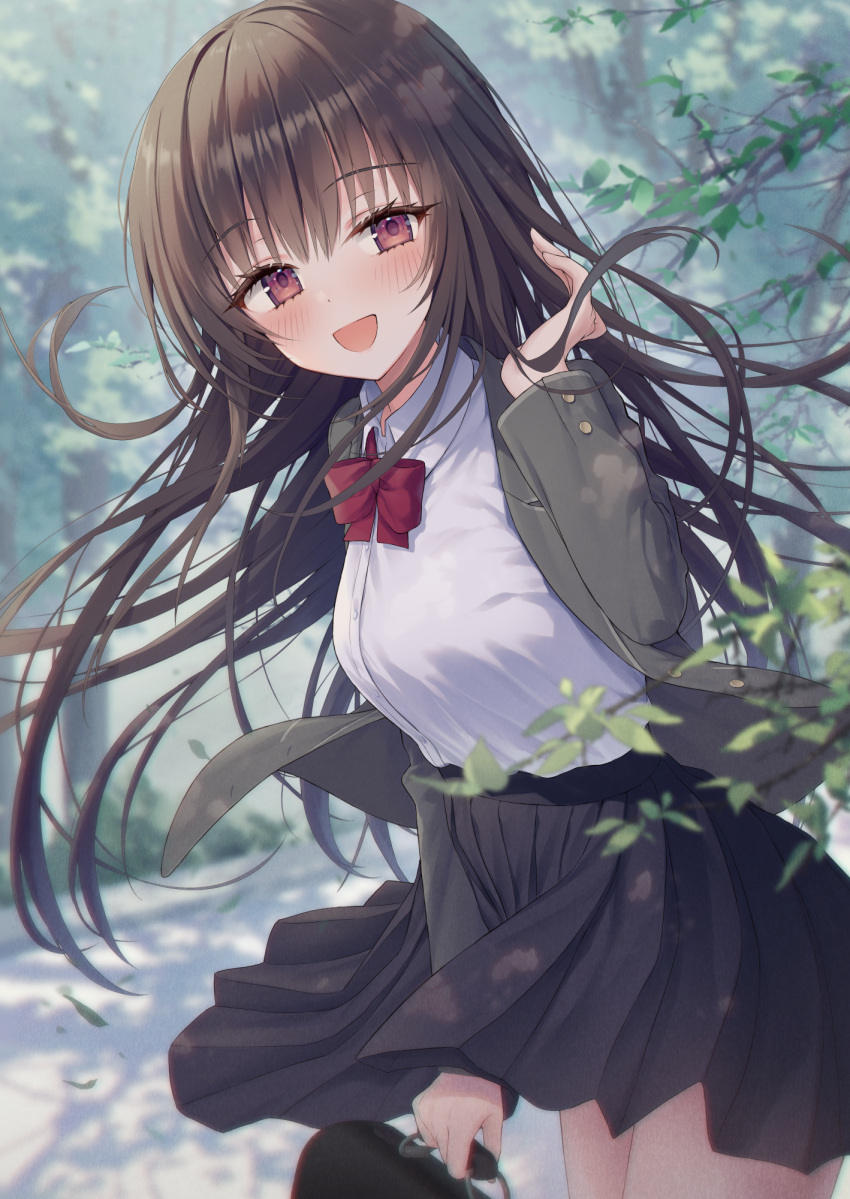 1girl :d bangs black_skirt blazer blush bow branch breasts brown_hair collared_shirt commentary day dress_shirt floating_hair grey_jacket highres holding jacket kuro_futoshi looking_at_viewer medium_breasts open_clothes open_jacket original outdoors pleated_skirt red_bow red_eyes school_briefcase school_uniform shirt skirt smile solo tree white_shirt