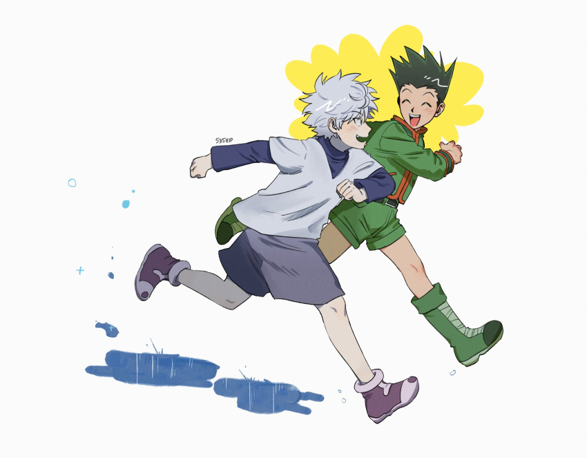2boys 535zip ahoge black_hair gon_freecss green_footwear green_jacket green_shorts highres hunter_x_hunter jacket killua_zoldyck looking_at_another male_focus multiple_boys open_mouth puddle running shirt shorts smile spiky_hair turtleneck twitter_username white_background white_hair white_shirt