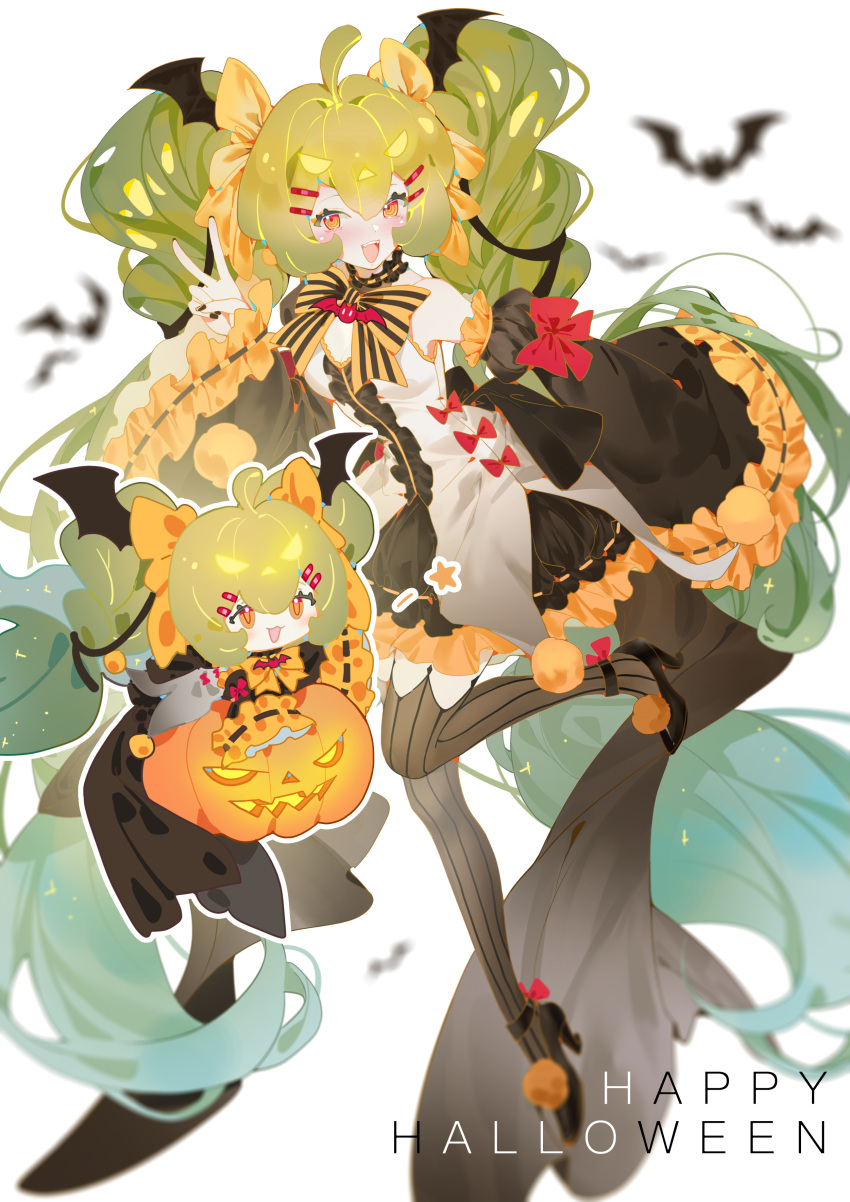2girls :3 absurdly_long_hair absurdres ahoge alternate_hair_color bat_(animal) bat_hair_ornament black_footwear black_nails black_skirt black_sleeves blush bow chibi chibi_inset detached_sleeves english_commentary english_text fangs frilled_sleeves frills gradient_hair green_hair hair_ornament halloween halloween_costume happy_halloween hatsune_miku high_heels highres indai_(3330425) jack-o'-lantern juliet_sleeves long_hair long_sleeves multicolored_hair multiple_girls open_mouth orange_bow pom_pom_(cheerleading) puffy_sleeves red_bow shirt shoes simple_background skirt sleeveless sleeveless_shirt sleeves_past_wrists smile star_(symbol) striped striped_thighhighs thigh-highs twintails unconventional_jack-o'-lantern v vertical-striped_thighhighs vertical_stripes very_long_hair vocaloid wavy_hair white_background white_shirt wide_sleeves