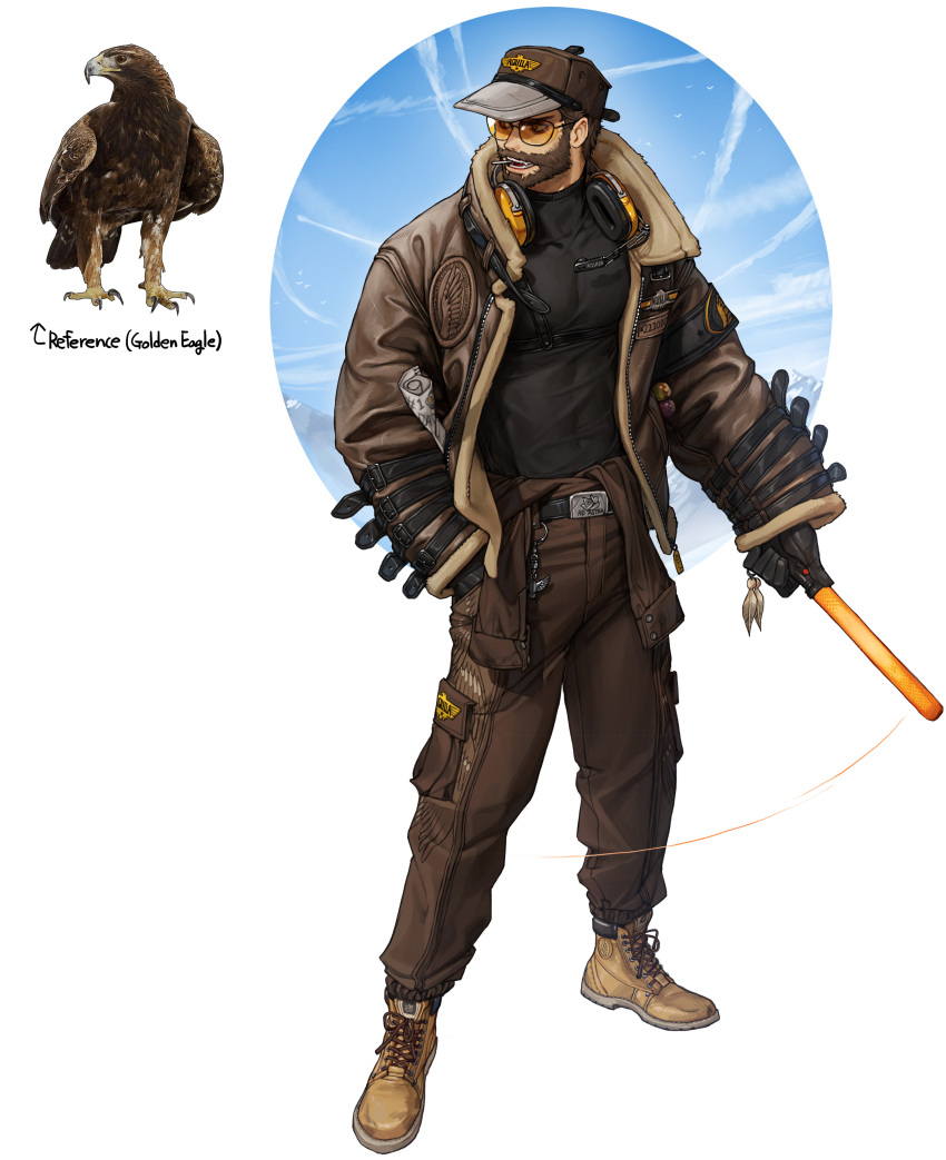 1boy absurdres black_gloves black_shirt brown_footwear brown_headwear brown_jacket brown_pants full_body gloves golden_eagle headphones headphones_around_neck highres holding jacket male_focus original pants personification rinotuna shirt shoes solo standing tinted_eyewear