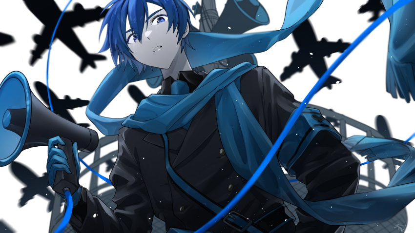 1boy aircraft airplane armband b-52_stratofortress black_gloves black_jacket black_shirt blue_eyes blue_hair blue_scarf collared_shirt colored_skin from_below gloves grey_skin hair_between_eyes hand_on_hip heart heart_print highres holding holding_megaphone jacket kaito_(vocaloid) koi_wa_sensou_(vocaloid) limited_palette long_sleeves looking_down megaphone pale_skin parang_99 parted_lips radio_tower scarf shirt short_hair silhouette solo