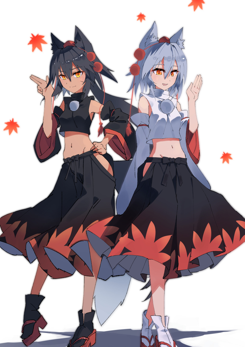 2girls absurdres alternate_color alternate_skin_color animal_ears bare_shoulders black_hair black_skirt black_sleeves black_socks black_tail black_vest dark-skinned_female dark_skin detached_sleeves full_body grey_hair groin hand_on_hip hat highres inubashiri_momiji kakaricho_dairi leaf long_sleeves maple_leaf medium_skirt midriff multicolored_clothes multicolored_skirt multiple_girls navel pom_pom_(clothes) red_eyes red_footwear red_skirt ribbon-trimmed_sleeves ribbon_trim sandals shirt short_hair simple_background skirt sleeveless sleeveless_shirt socks solo standing stomach tabi tail tan tassel tokin_hat touhou turtleneck vest white_background white_shirt white_socks white_vest wide_sleeves wolf_ears wolf_tail yellow_eyes