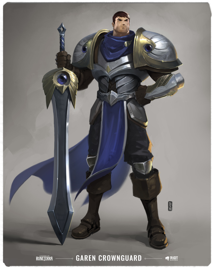 1boy absurdres bangs black_pants boots border brown_footwear brown_gloves brown_hair character_name closed_mouth den_(denwhat) facial_hair garen_(league_of_legends) gloves gradient gradient_background grey_background highres holding holding_sword holding_weapon knee_boots league_of_legends legends_of_runeterra male_focus pants short_hair shoulder_plates solo stubble sword weapon white_border